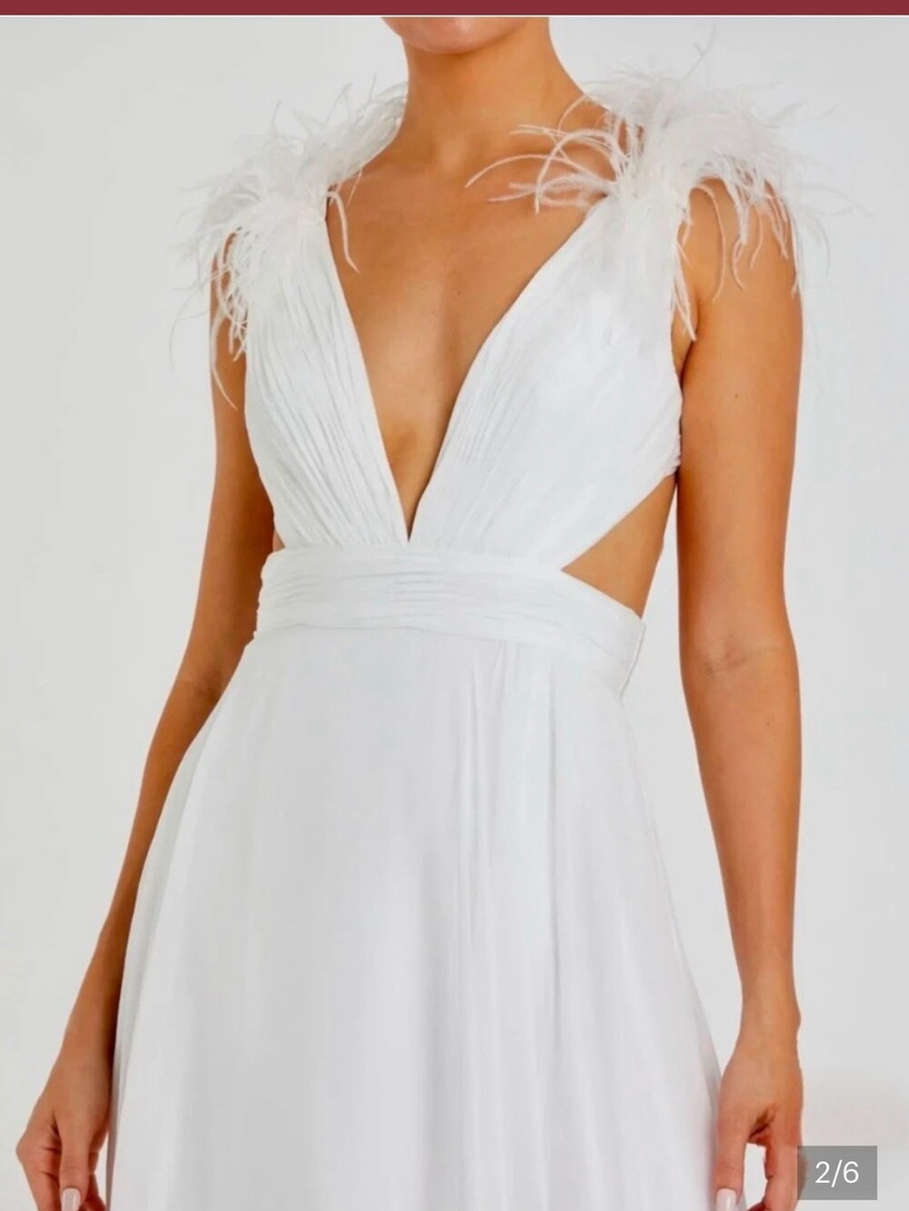 Mac Duggal White Feather-Trim Plunge Maxi Dress - Picture 2 of 12